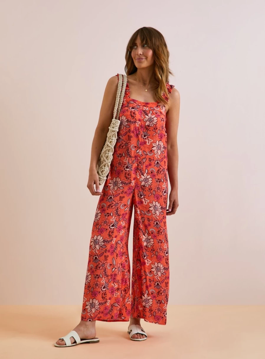 Everbelle Women's Orange Retro Floral Jumpsuit with Frill Details - Size 10
