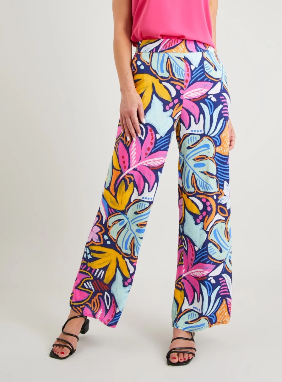 Tu Women's Floral Print Wide Leg Pull-On Trousers - Comfortable High Waist Elastic Waist Pants