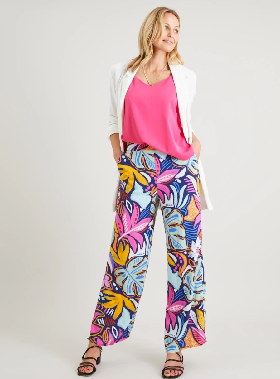 Tu Women's Floral Print Wide Leg Pull-On Trousers - Comfortable High Waist Elastic Waist Pants
