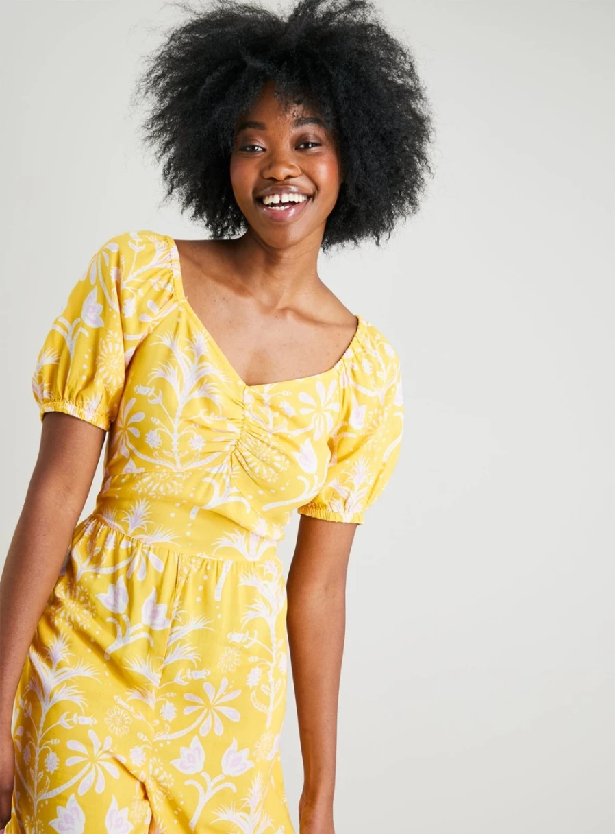 Tu Women's Yellow & Pink Floral Puff Sleeve Playsuit Romper - Size 10-16 Summer Casual Jumpsuit