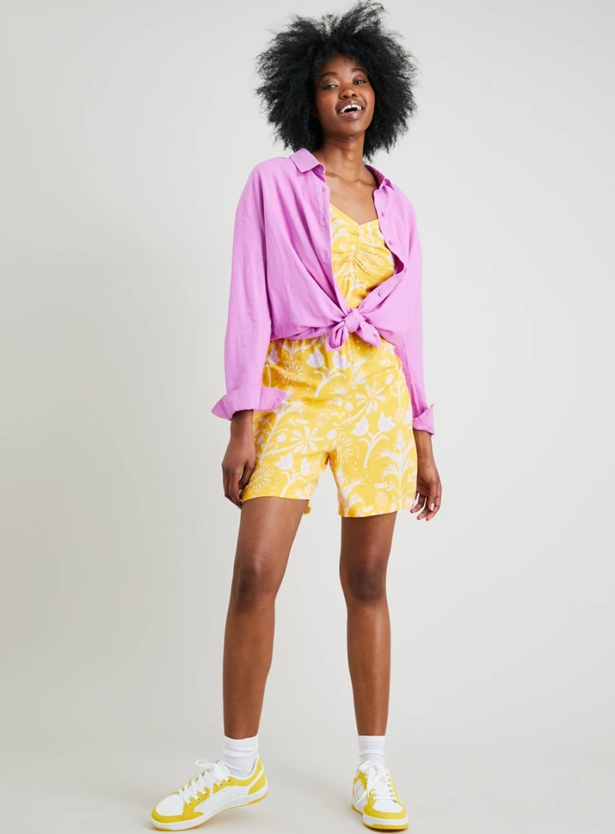 Tu Women's Yellow & Pink Floral Puff Sleeve Playsuit Romper - Size 10-16 Summer Casual Jumpsuit