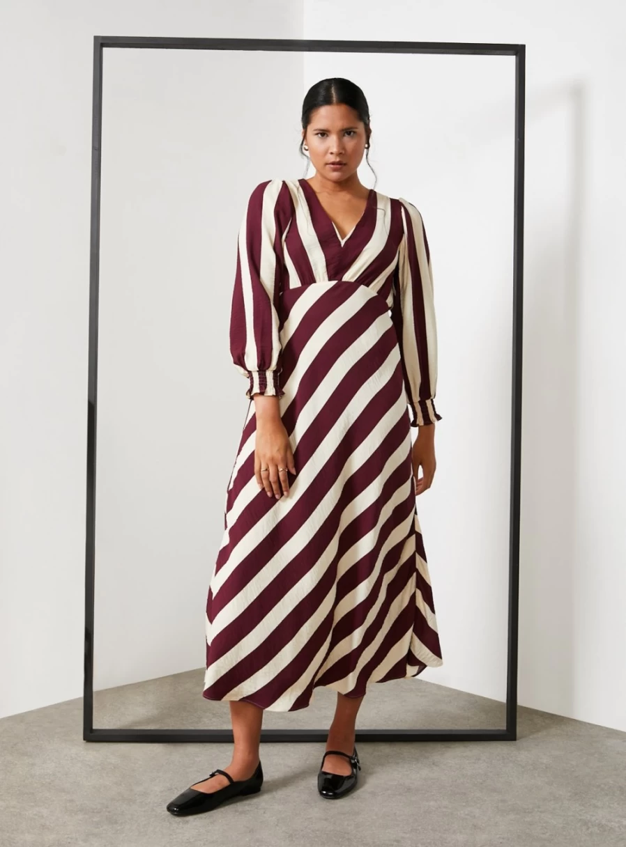 For All The Love Women's Striped V-Neck Midaxi Dress with Voluminous Sleeves - Flowy Printed Summer Dress