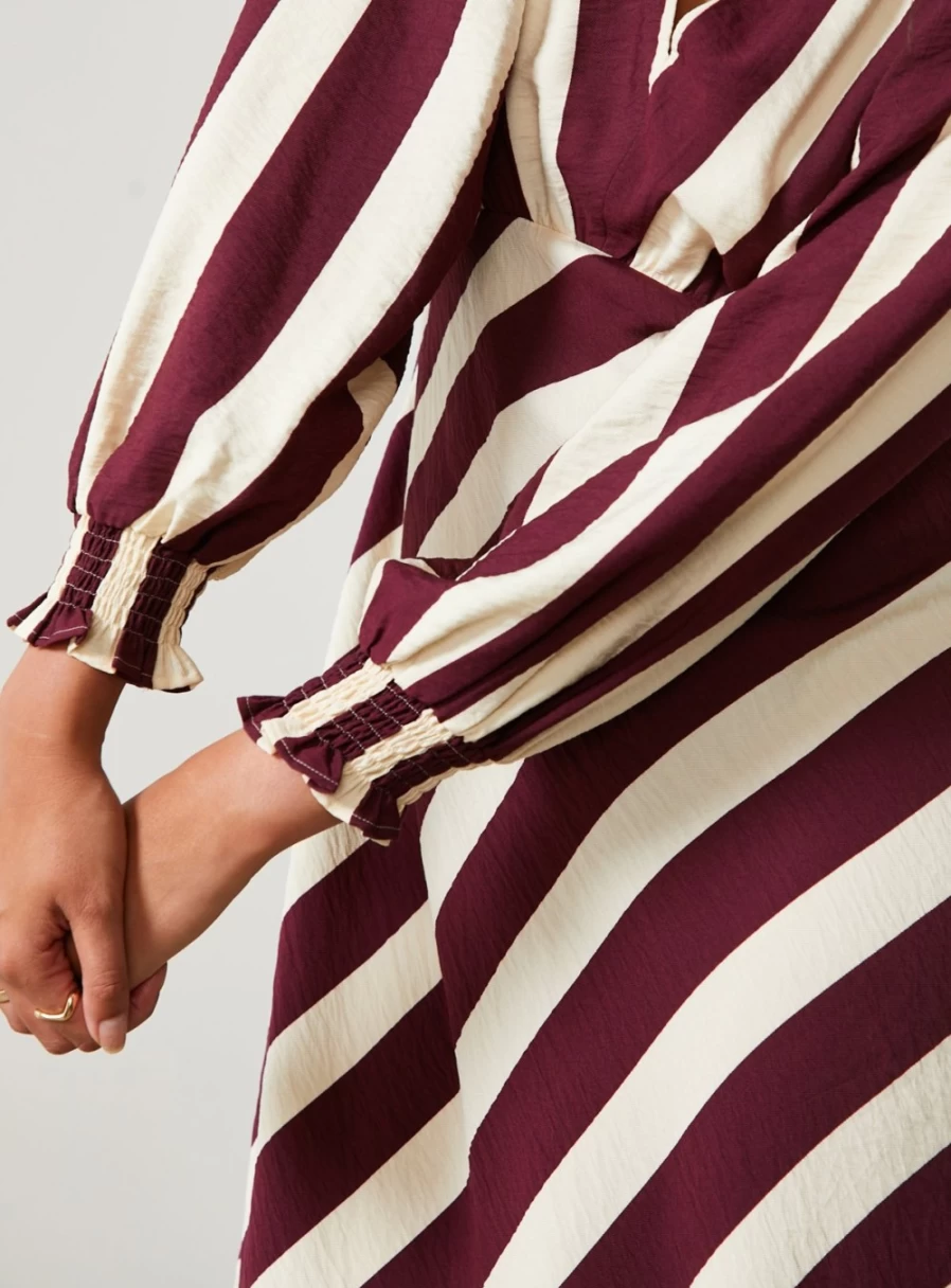 For All The Love Women's Striped V-Neck Midaxi Dress with Voluminous Sleeves - Flowy Printed Summer Dress