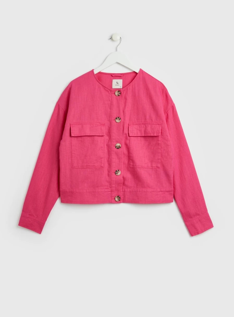 Tu Women's Bright Pink Collarless Jacket - Size 16, Stylish Casual Outerwear