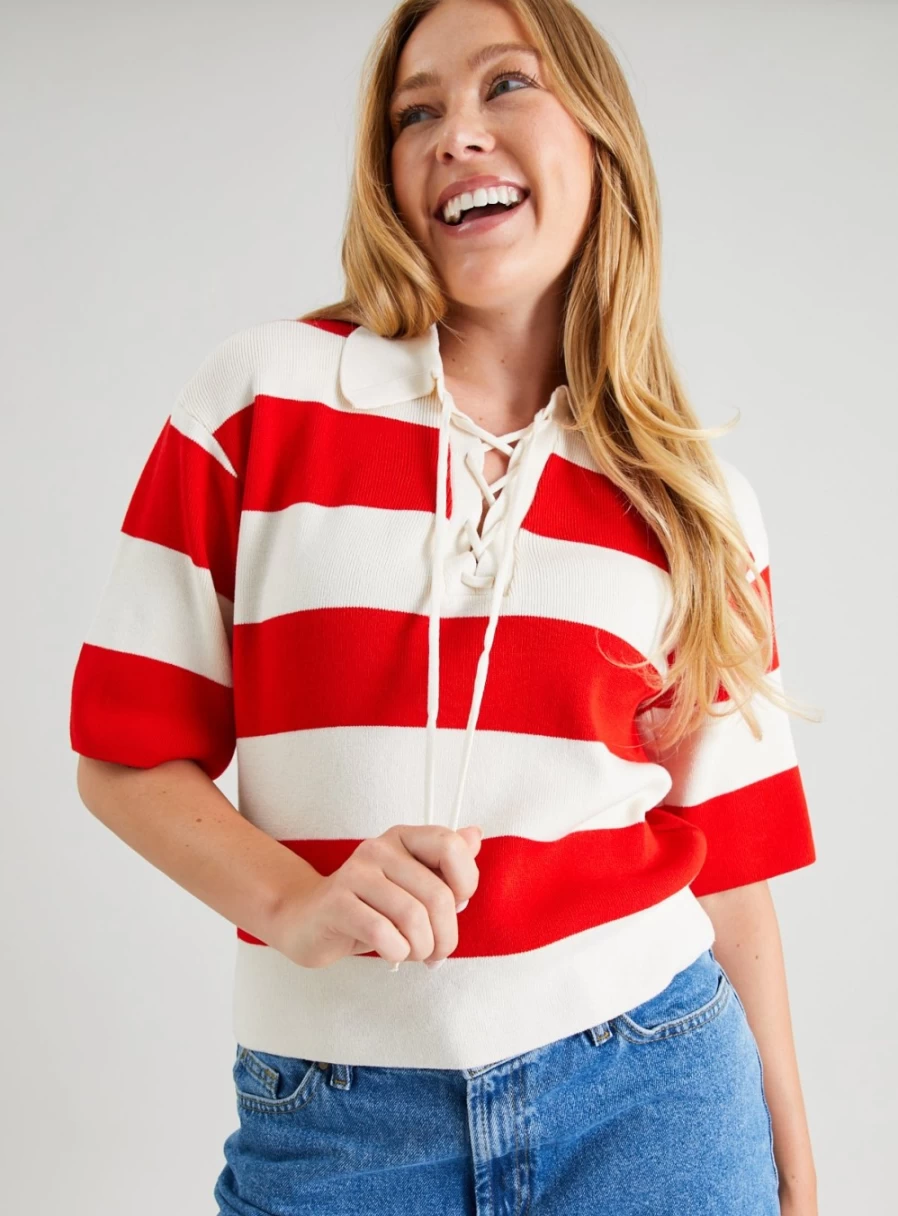 Tu Women's Red & White Striped Collared Lace-Up Jumper - Size 16, Casual Knit Sweater