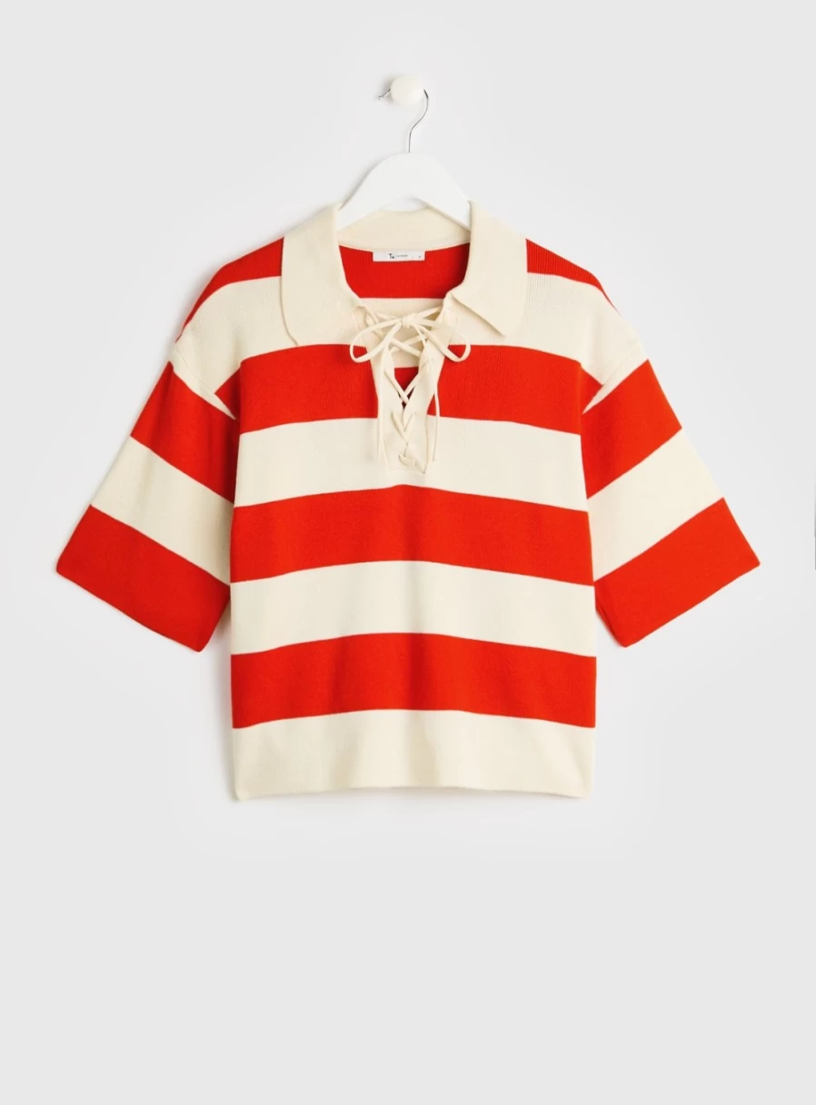 Tu Women's Red & White Striped Collared Lace-Up Jumper - Size 16, Casual Knit Sweater