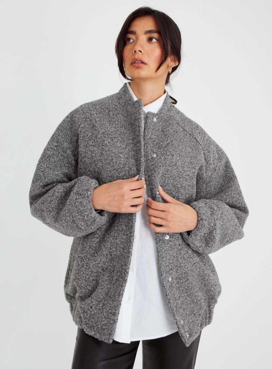 "Tu Women's Grey Boucle Bomber Jacket | Cozy Knit Outerwear | Fall Winter Fashion 2022"