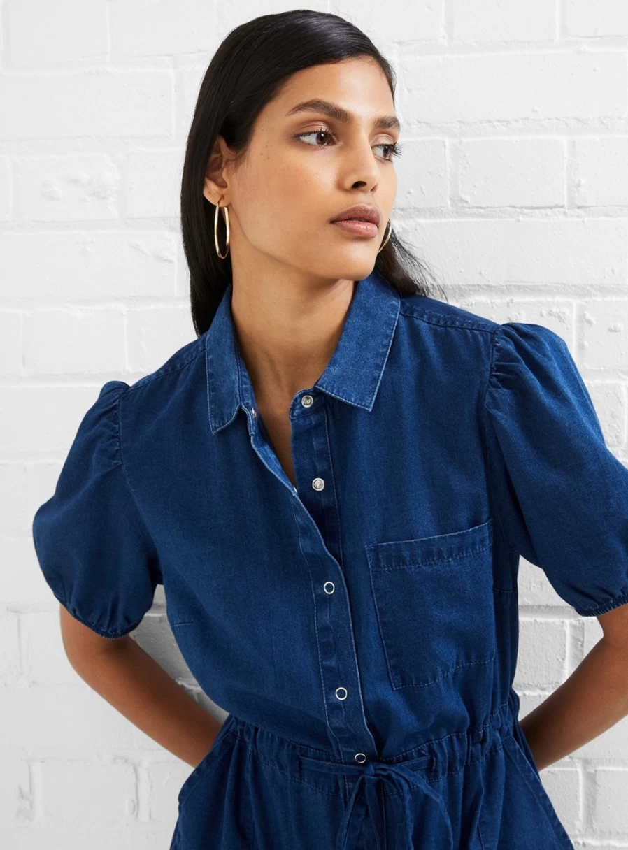 French Connection Women's Zaves Chambray Shirt Dress - Size 8 | Casual Blue Denim Style