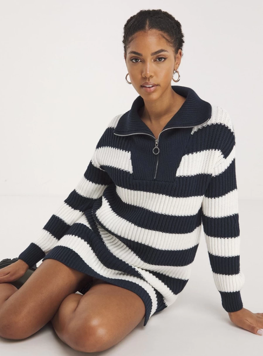 Simply Be Women's Navy Blue Striped Zip Neck Ribbed Knit Dress Size 16-18