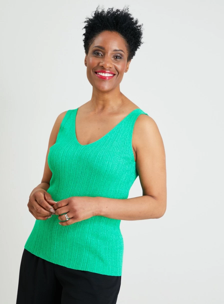 Tu Women's Green Ribbed Glitter Vest Top - Stretchable Fashion Casual Wear