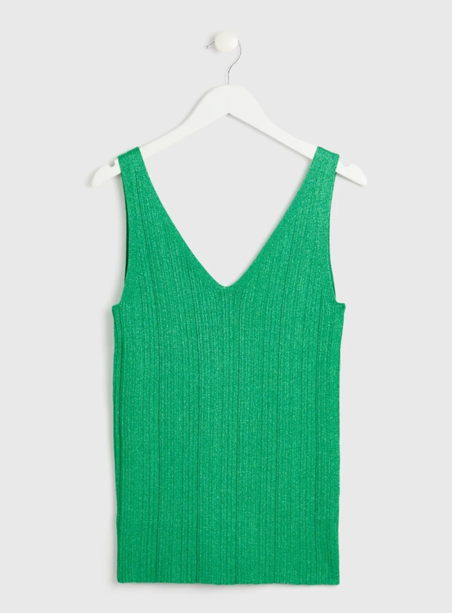 Tu Women's Green Ribbed Glitter Vest Top - Stretchable Fashion Casual Wear