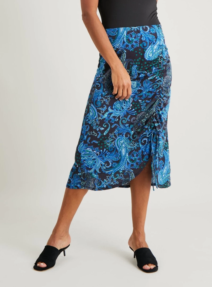 Tu Women's Blue Paisley Print Ruched Tie Waist Midi Skirt - Size 8 Floral Summer Dress