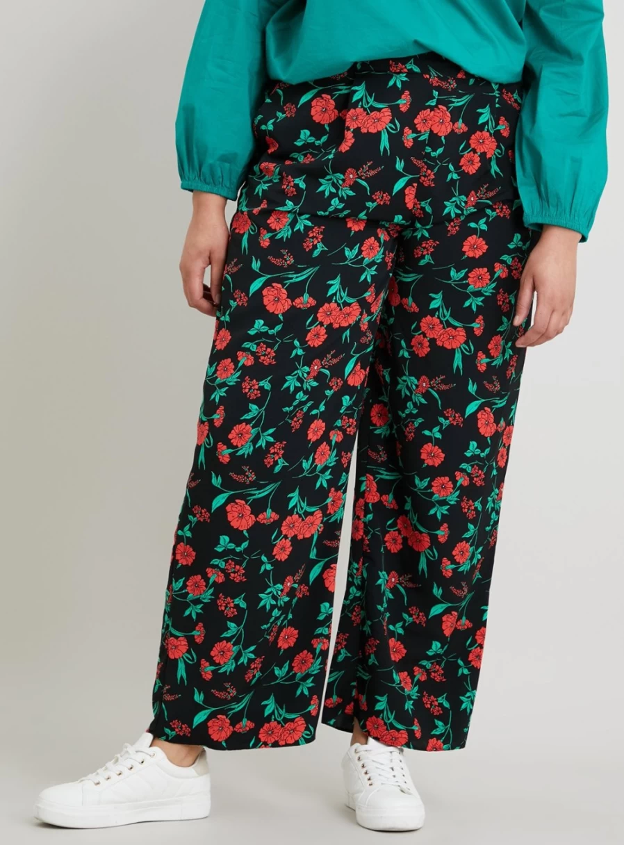 Tu Women's Black & Red Floral Print High-Waisted Wide Leg Pants - 10R Casual Chic Trousers