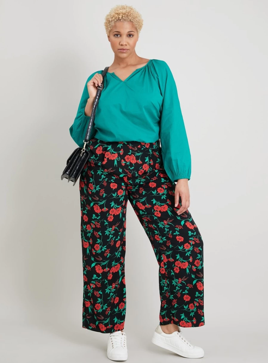 Tu Women's Black & Red Floral Print High-Waisted Wide Leg Pants - 10R Casual Chic Trousers