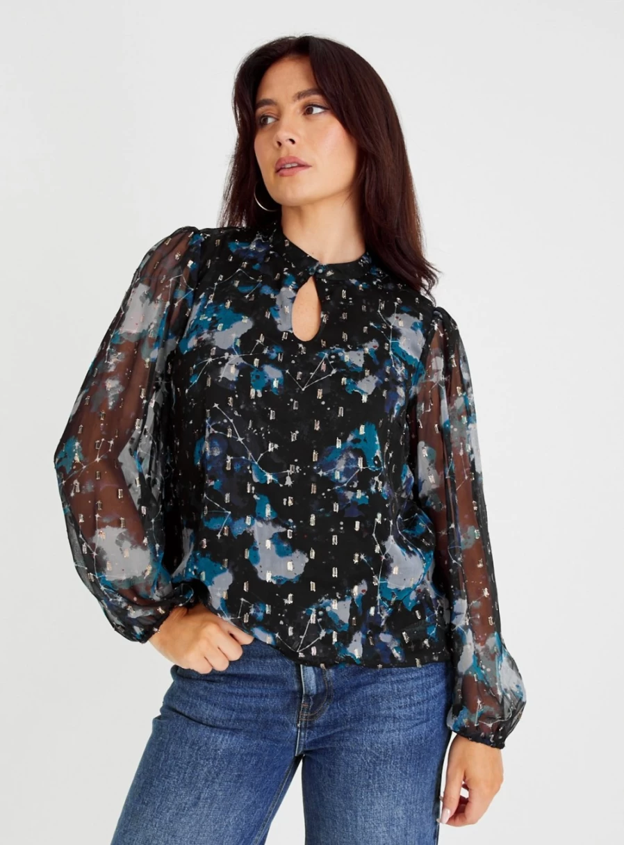 "Tu Women's Black Celestial Print Puff Sleeve Blouse – Stylish Voluminous Top"