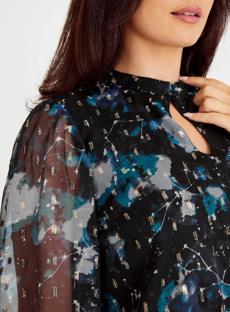 "Tu Women's Black Celestial Print Puff Sleeve Blouse – Stylish Voluminous Top"