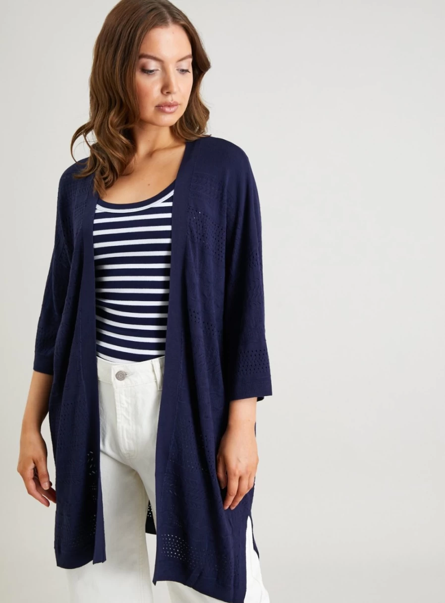 Tu Women's Navy Pointelle Longline Cardigan - Soft Knit Open Front Sweater 10