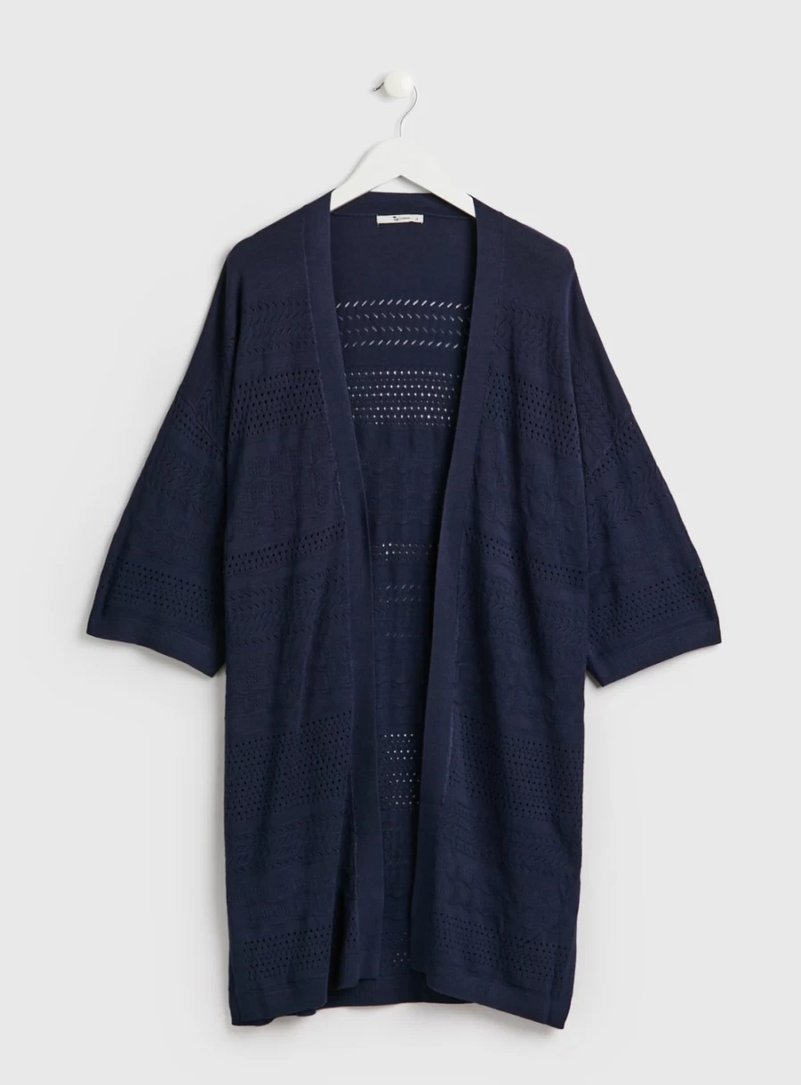 Tu Women's Navy Pointelle Longline Cardigan - Soft Knit Open Front Sweater 10
