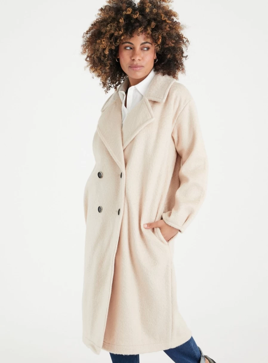 Tu Petite Women's Cream Brushed Double Breasted Coat - Size 16 Petite