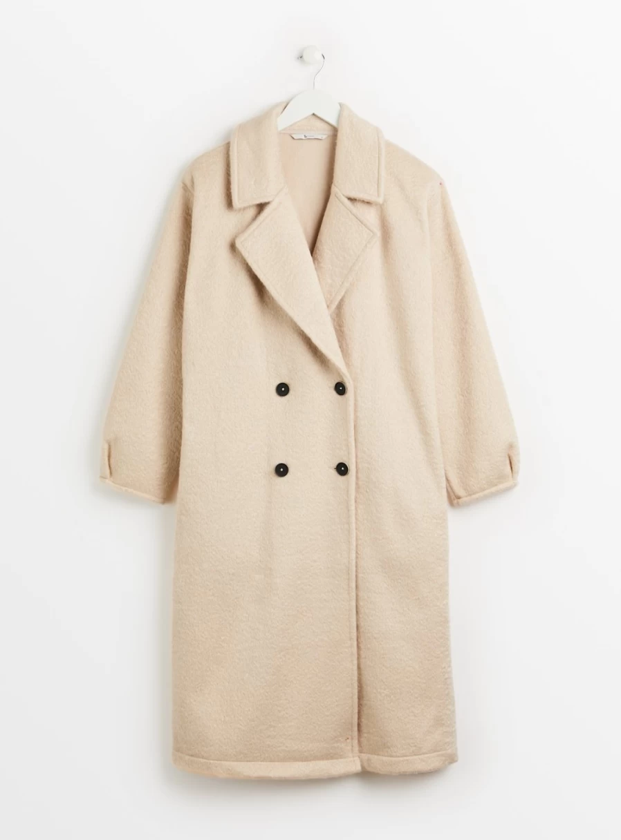 Tu Petite Women's Cream Brushed Double Breasted Coat - Size 16 Petite