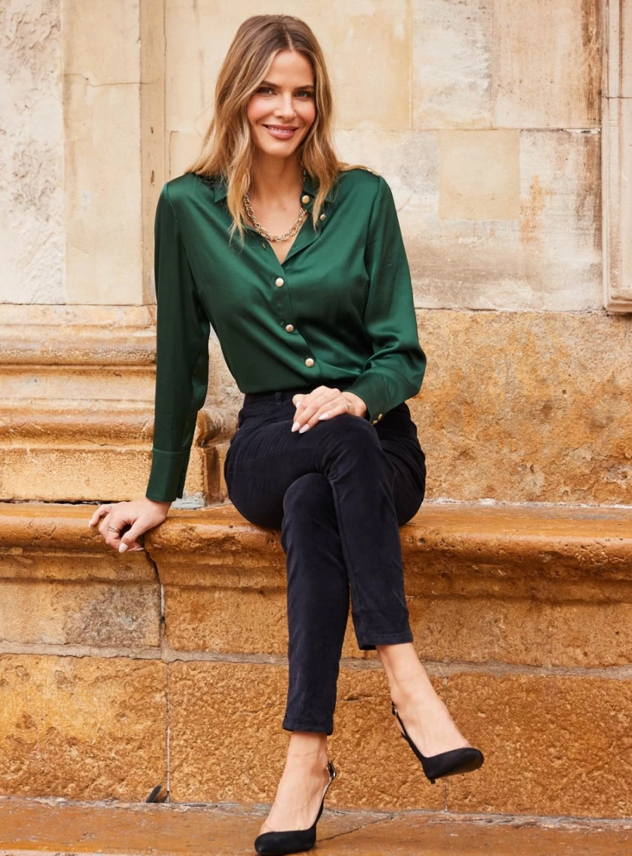 Sosandar Women's Emerald Green Satin Shirt - Classic Plain Style, Size 6
