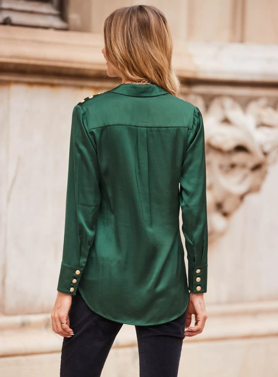 Sosandar Women's Emerald Green Satin Shirt - Classic Plain Style, Size 6