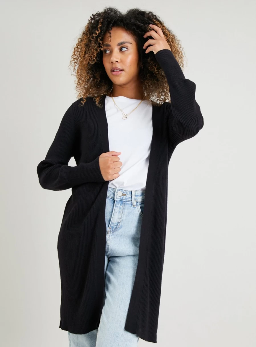 Tu Women's Black Ribbed Knit Longline Cardigan - Slim Fit Open Front Sweater Coat