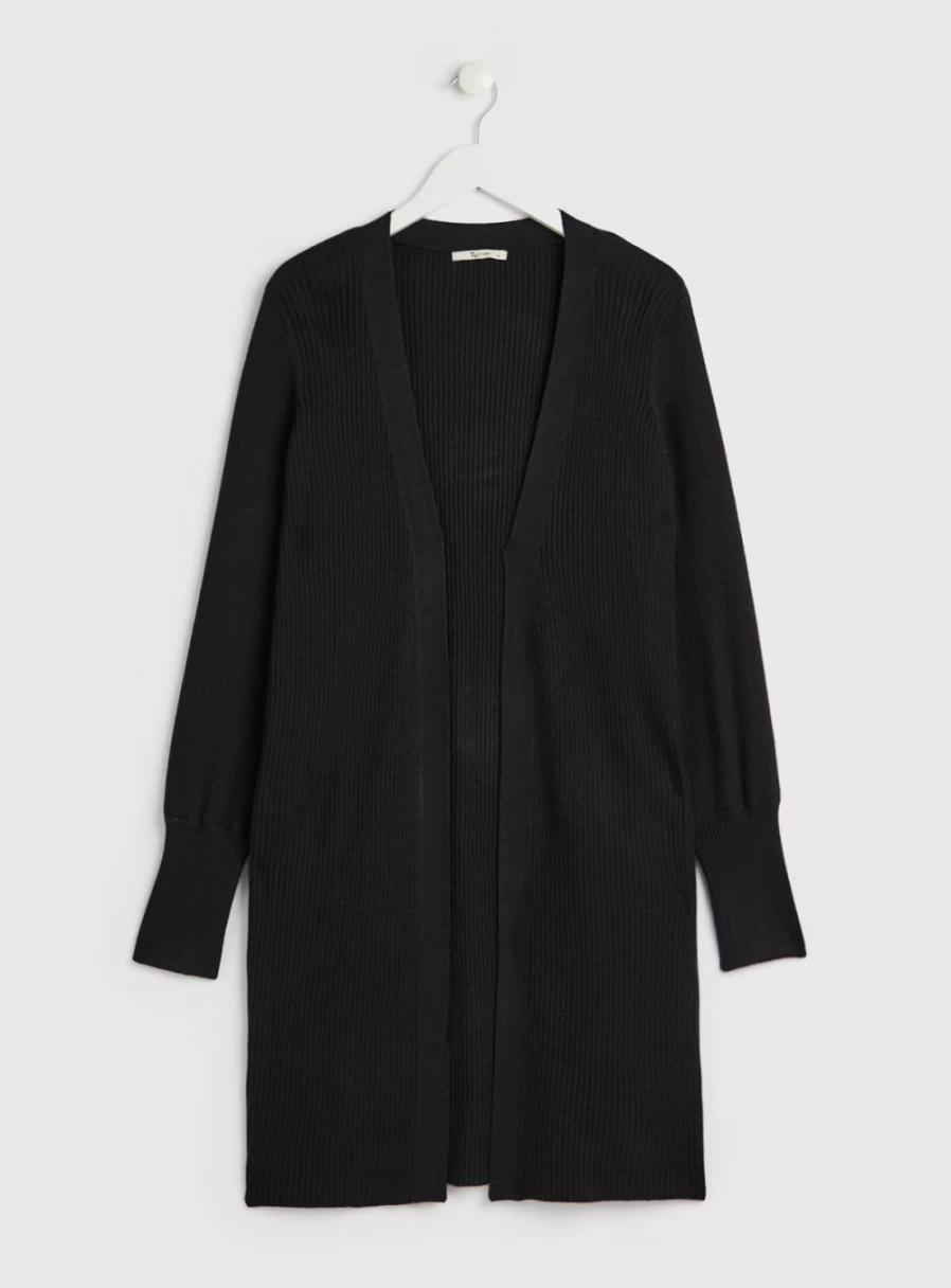 Tu Women's Black Ribbed Knit Longline Cardigan - Slim Fit Open Front Sweater Coat