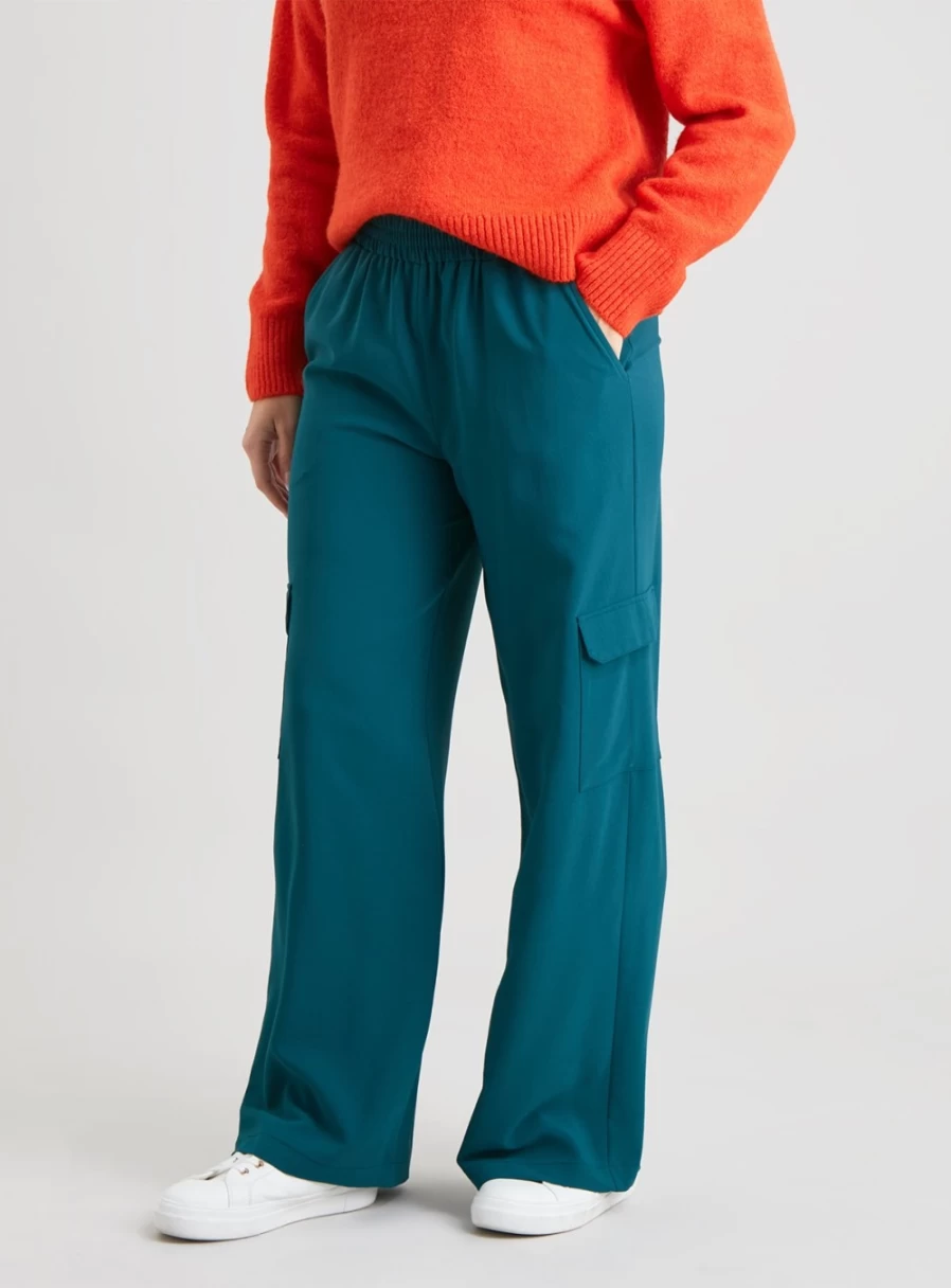 Tu Women's Green Silky Utility Cargo Pants with 18 Pockets - Lightweight Comfort Trousers