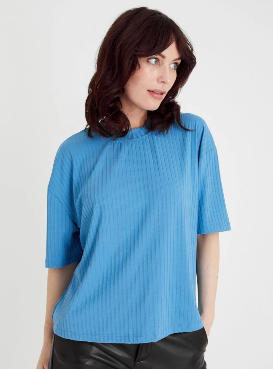 "Tu Women's Blue Ribbed Boxy T-Shirt - Casual Short Sleeve Top"