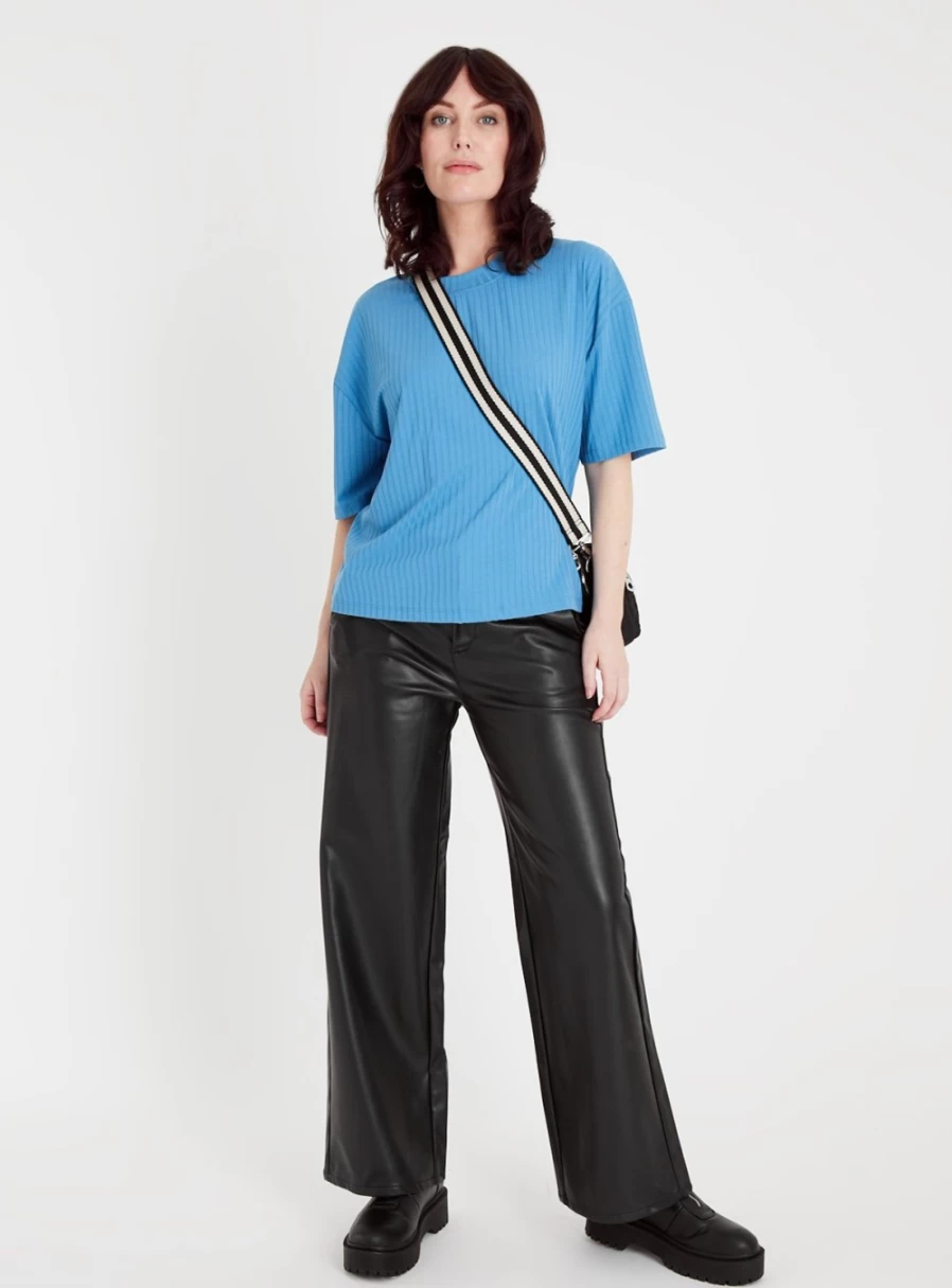 "Tu Women's Blue Ribbed Boxy T-Shirt - Casual Short Sleeve Top"