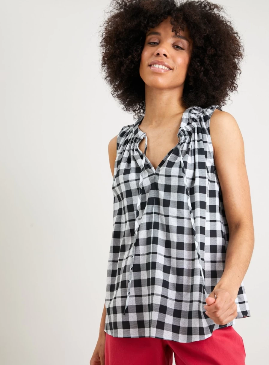 "Tu Women's Mono Gingham Tie Neck Shell Top - Stylish Casual Blouse for Women"