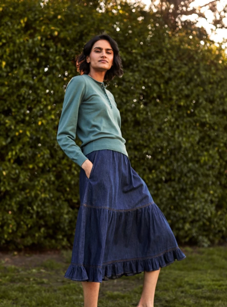 Thought Women's Asterope Organic Cotton Chambray Midi Skirt - Sustainable Eco-Friendly A-Line Denim Style