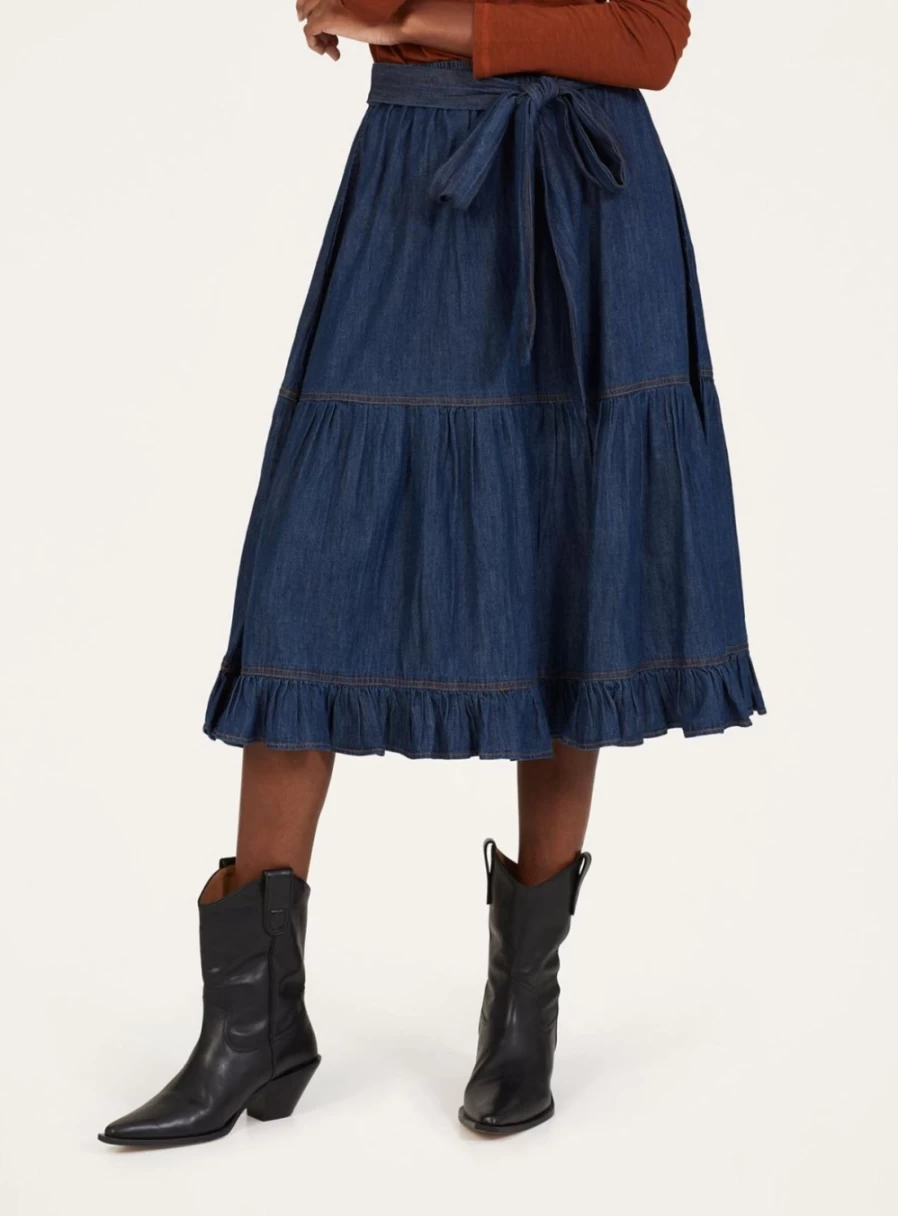 Thought Women's Asterope Organic Cotton Chambray Midi Skirt - Sustainable Eco-Friendly A-Line Denim Style