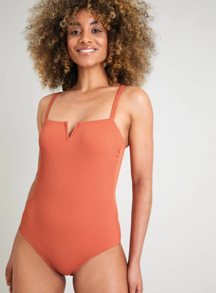 Tu Women's Rust V-Shape Textured Rib Swimsuit - Sexy High Cut Bathing Suit for Summer Beach Vacation