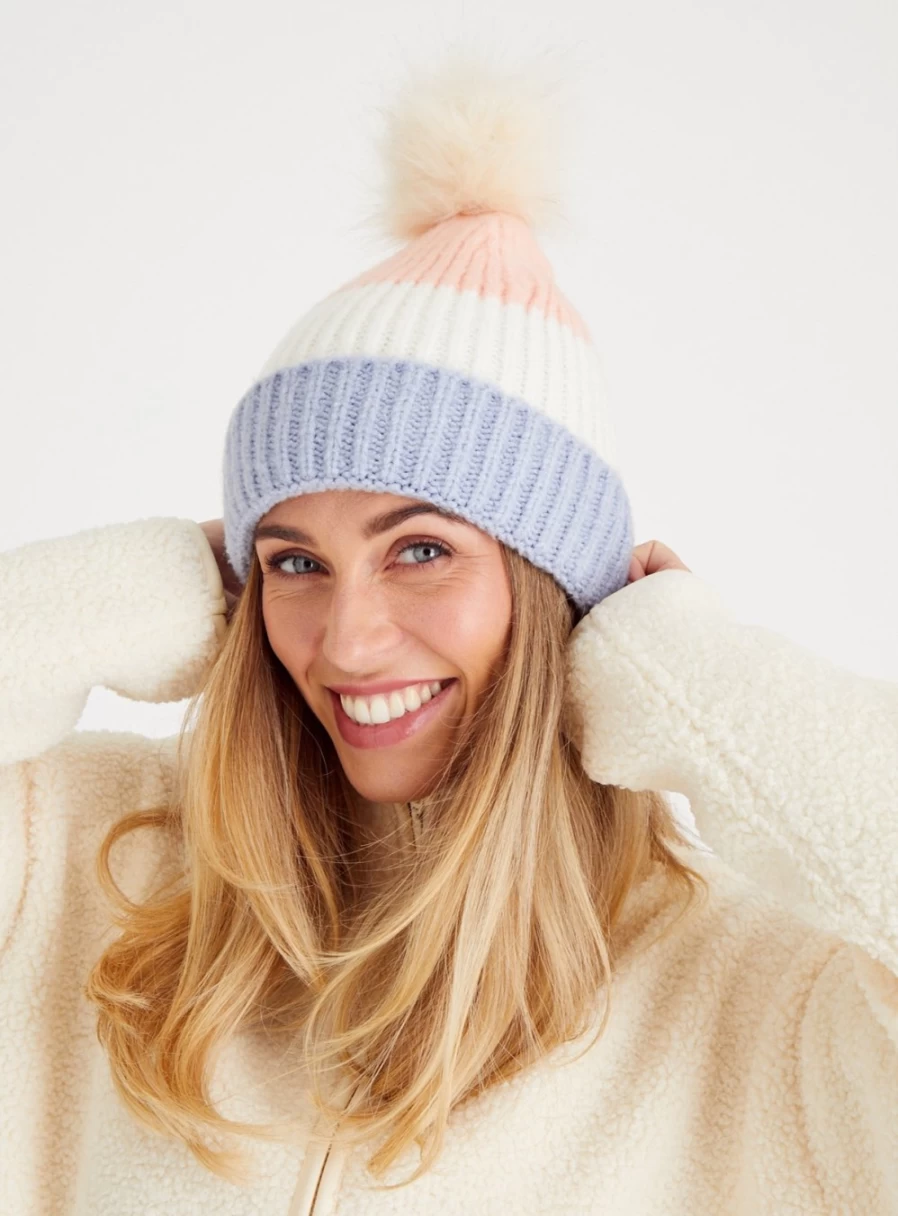 Tu Women's Pastel Color Block Pom Pom Beanie - Soft Knit Winter Hat One Size