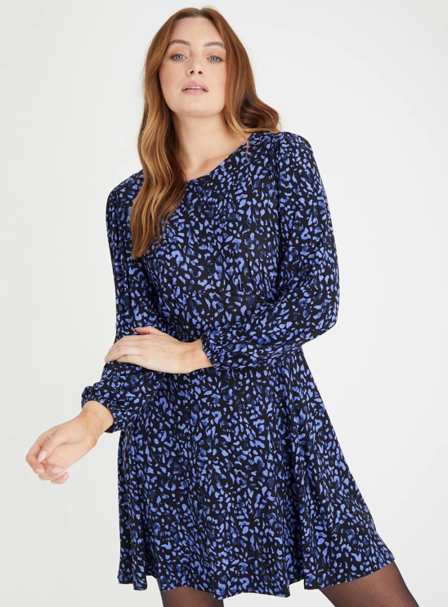 Tu Women's Blue Leopard Print Swing Mini Dress - Stretchy Jersey Fabric, Casual & Party Wear