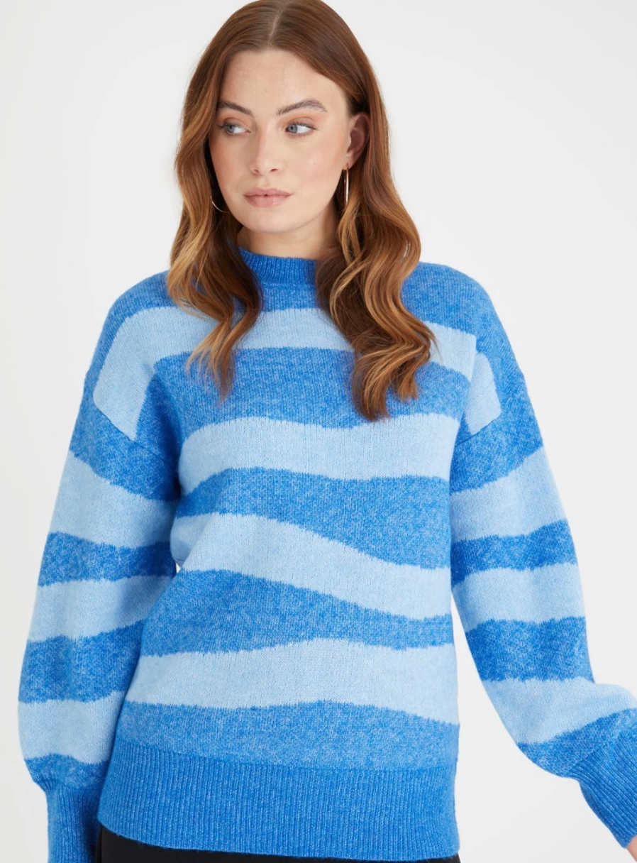 Tu Women's Blue Swirl Wool Blend Spliced Jumper Size 14