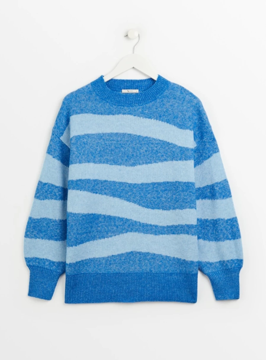 Tu Women's Blue Swirl Wool Blend Spliced Jumper Size 14