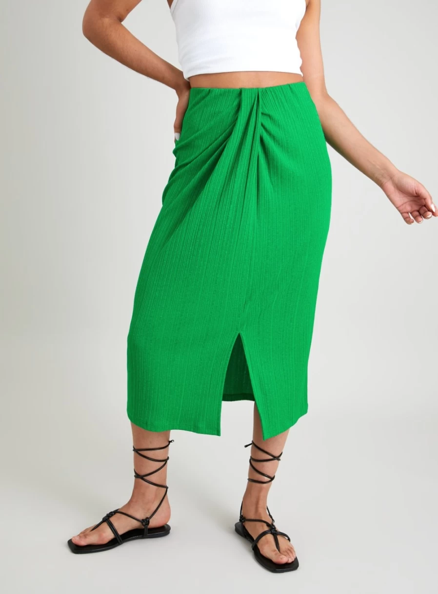 Tu Women's Green Ribbed Jersey Pintuck Front Coord Skirt - Size 12, Stylish Stretch Fit, Fashionable Office Wear