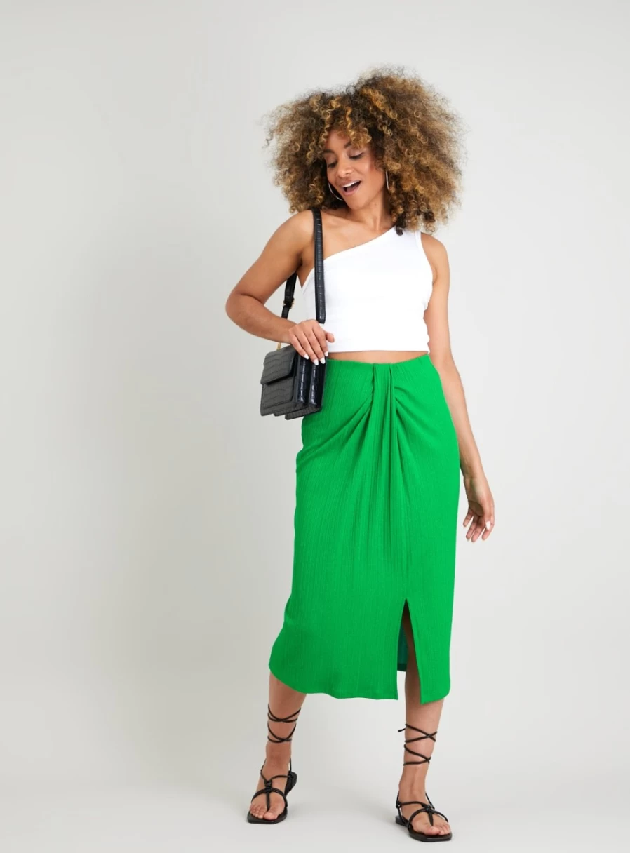 Tu Women's Green Ribbed Jersey Pintuck Front Coord Skirt - Size 12, Stylish Stretch Fit, Fashionable Office Wear