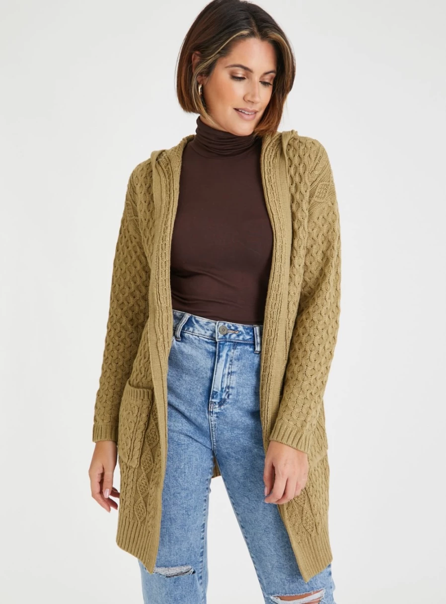 Tu Women's Tan Cable Knit Hooded Cardigan - Soft Long Sleeve Open Front Sweater