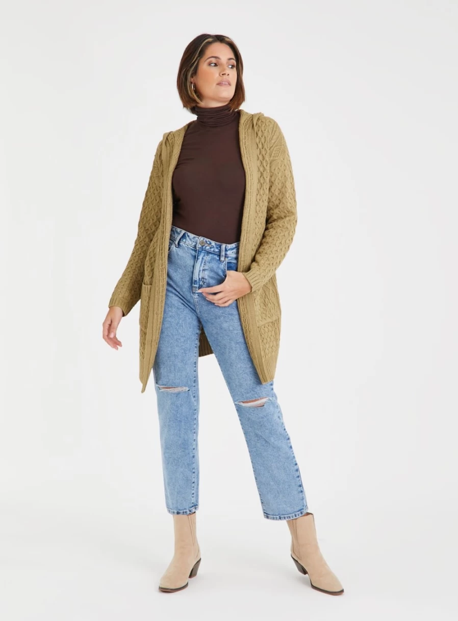 Tu Women's Tan Cable Knit Hooded Cardigan - Soft Long Sleeve Open Front Sweater