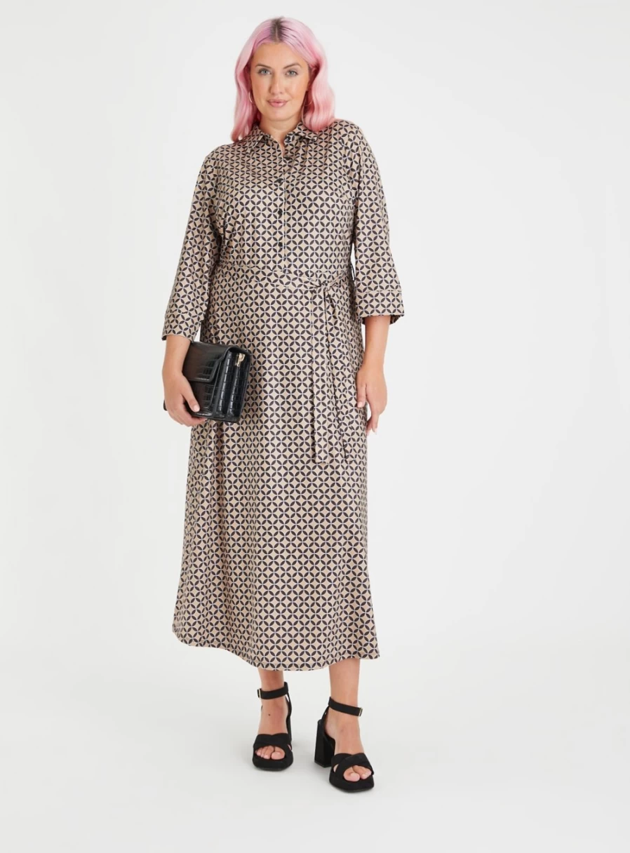 Tu Women's Gold Geometric Print Satin Shirt Dress - Size 14