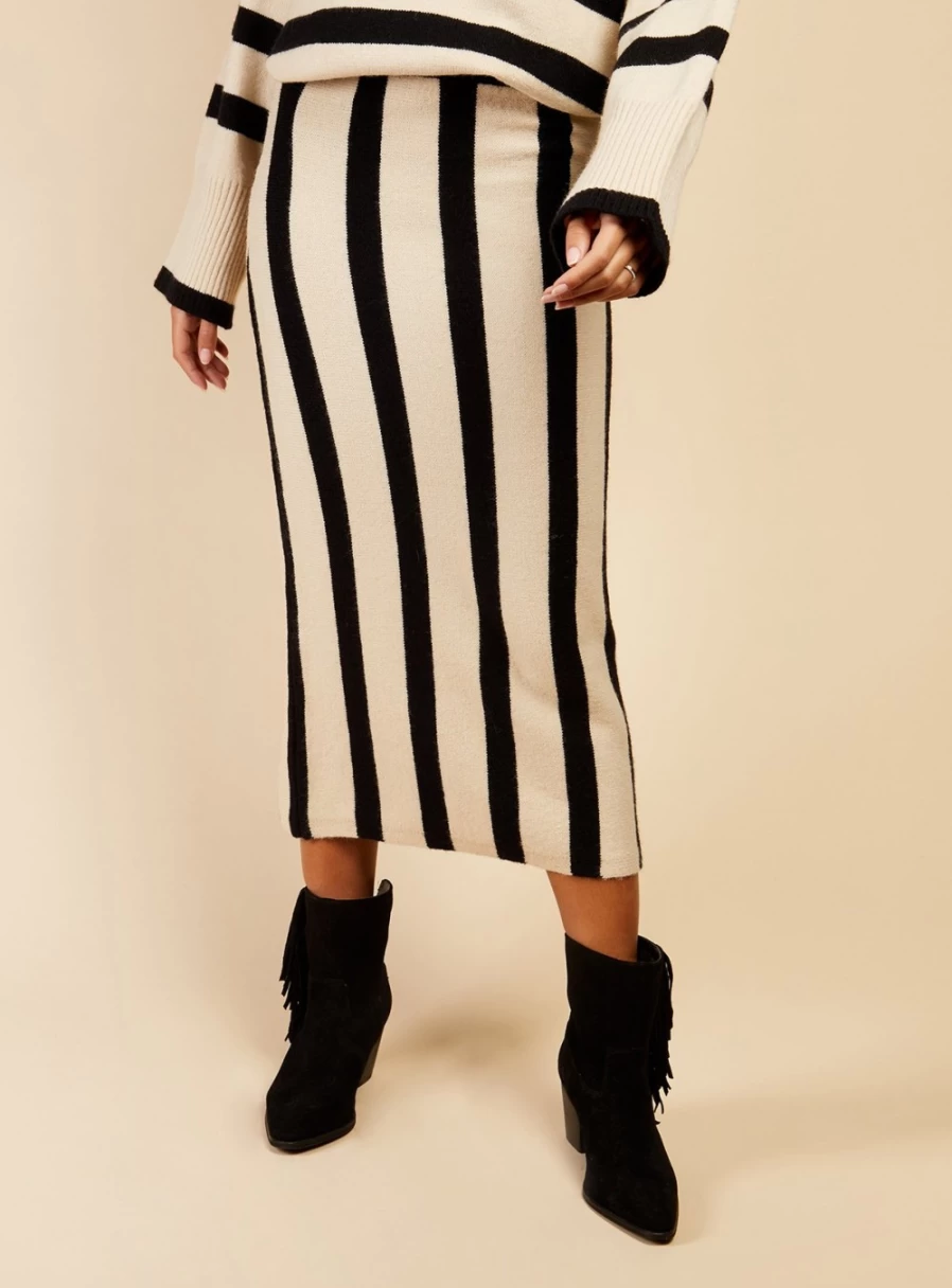 Vogue Williams Women's Mono Stripe Skirt - Classic Black & White Striped Midi Skirt