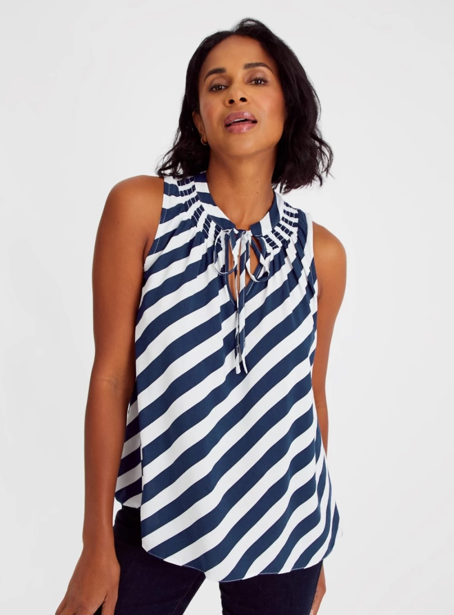Tu Women's White & Navy Striped Notch Neck Shell Top - Casual Chic Blouse