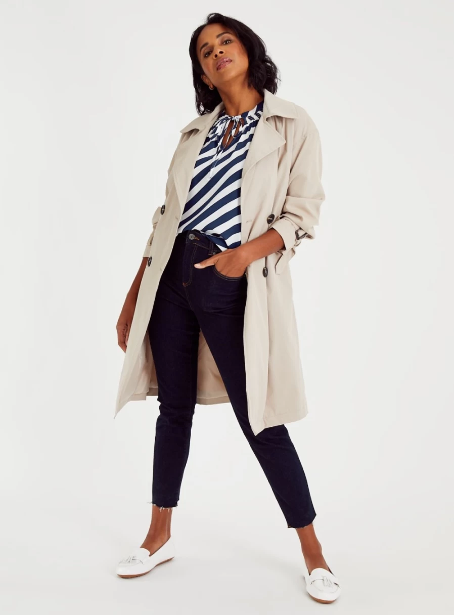 Tu Women's White & Navy Striped Notch Neck Shell Top - Casual Chic Blouse