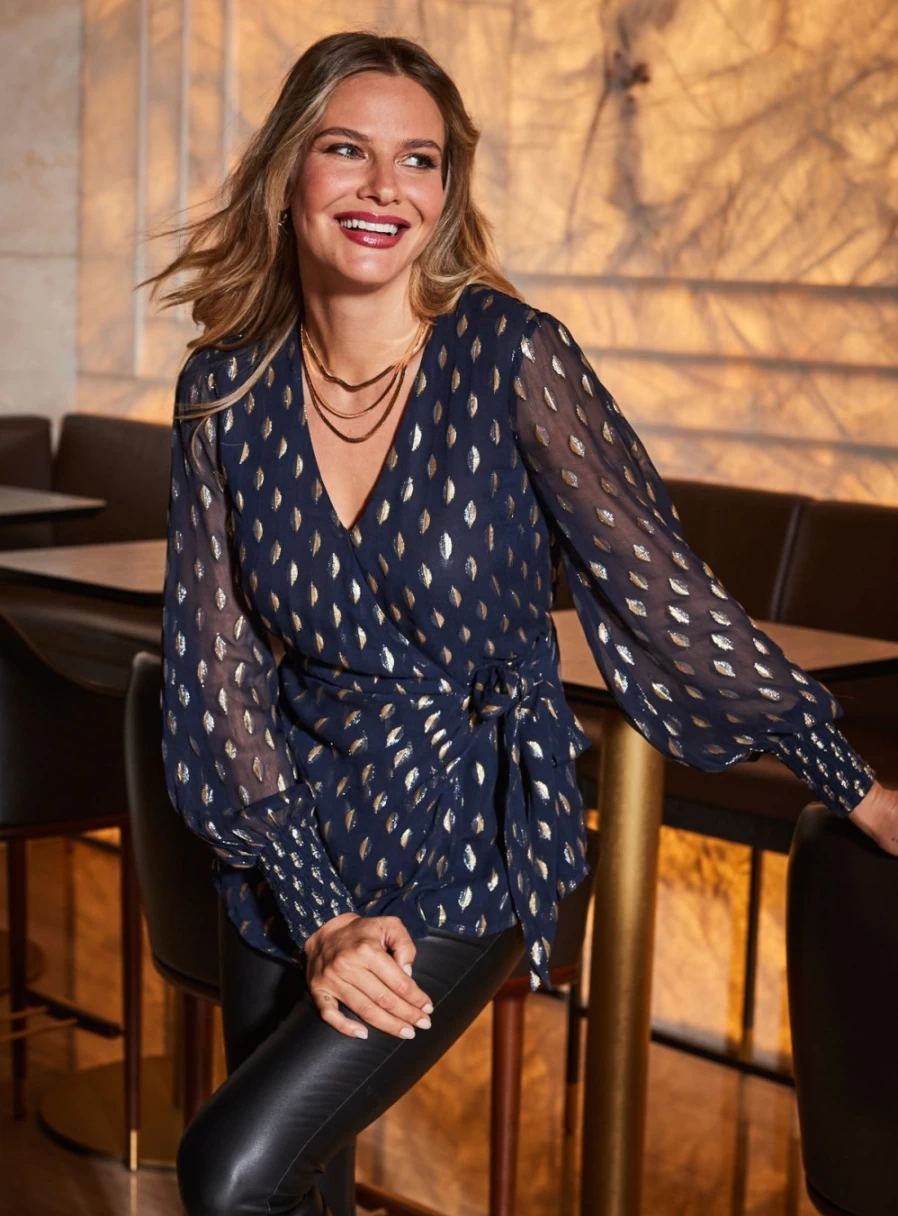 Sosandar Women's Jacquard Wrap Top - Elegant Floral Print Blouse for Stylish Outfits