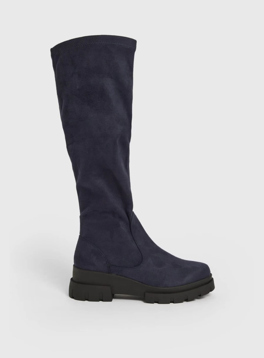 Tu Women's Navy Blue Faux Suede Knee High Wedge Boots with 6-Inch Heel