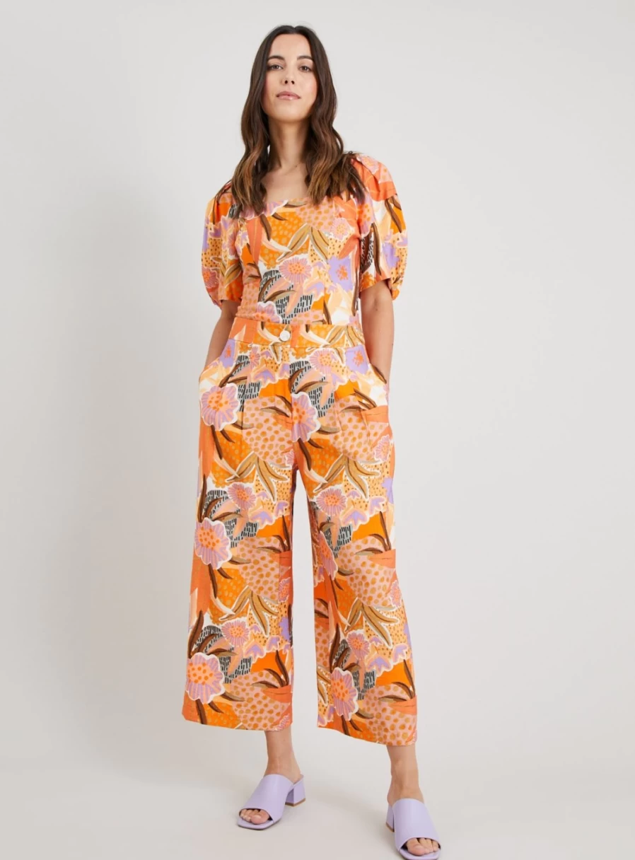 Tu Women's Orange Floral Print Wide Leg Cropped Pants - Size 10L Casual High Waist Trousers